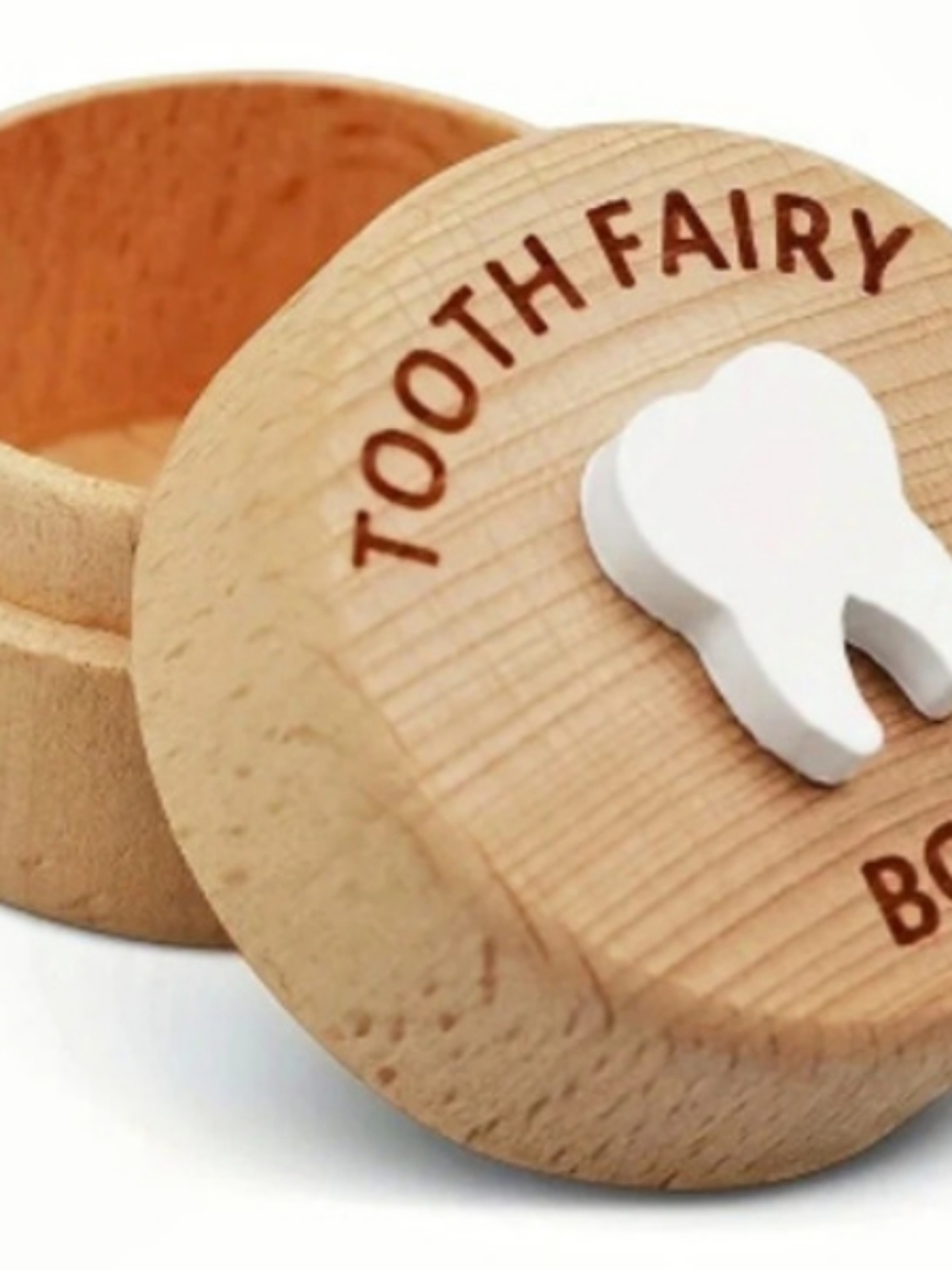 Wooden Tooth Fairy Box Brown & White New